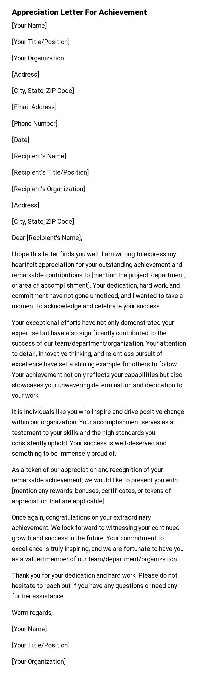 Appreciation Letter For Achievement
