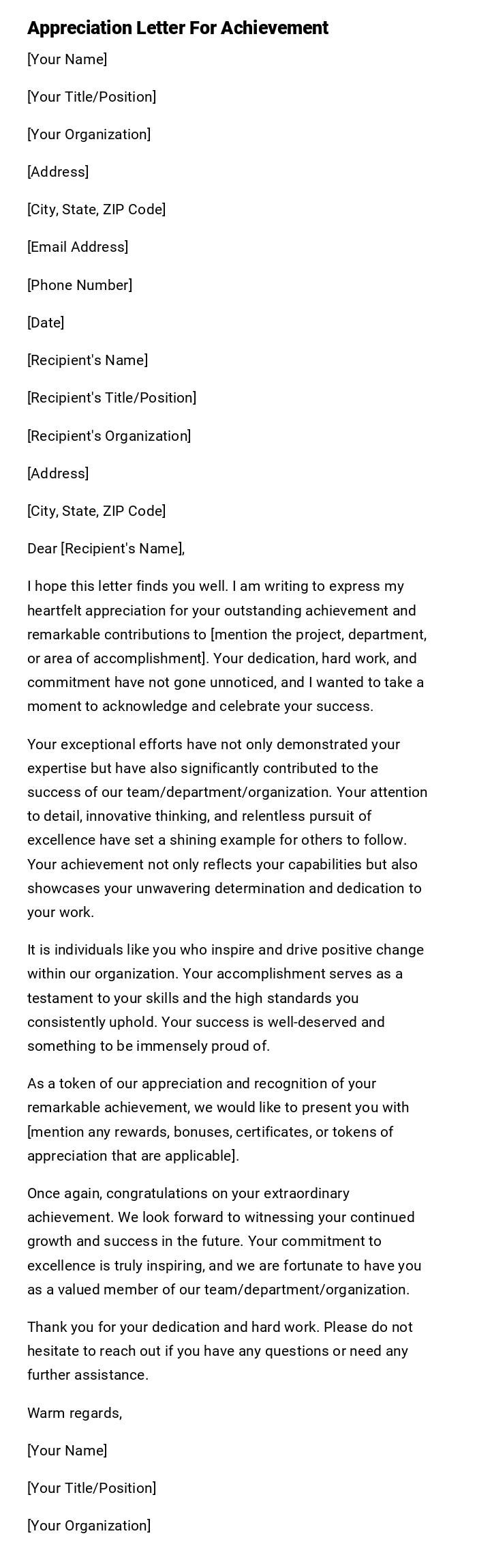 Appreciation Letter For Achievement