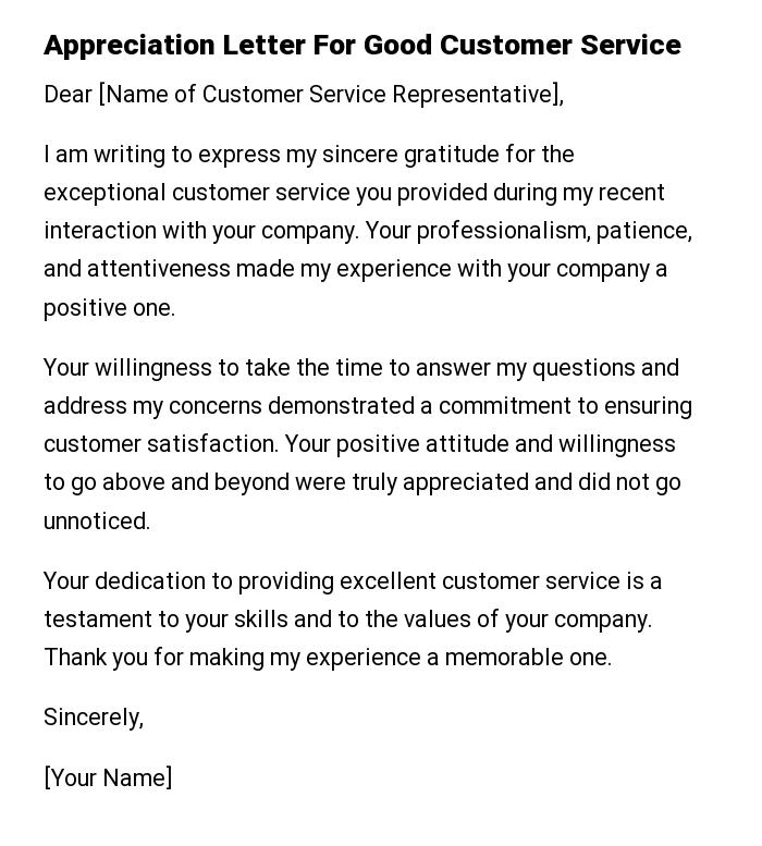 Appreciation Letter For Good Customer Service