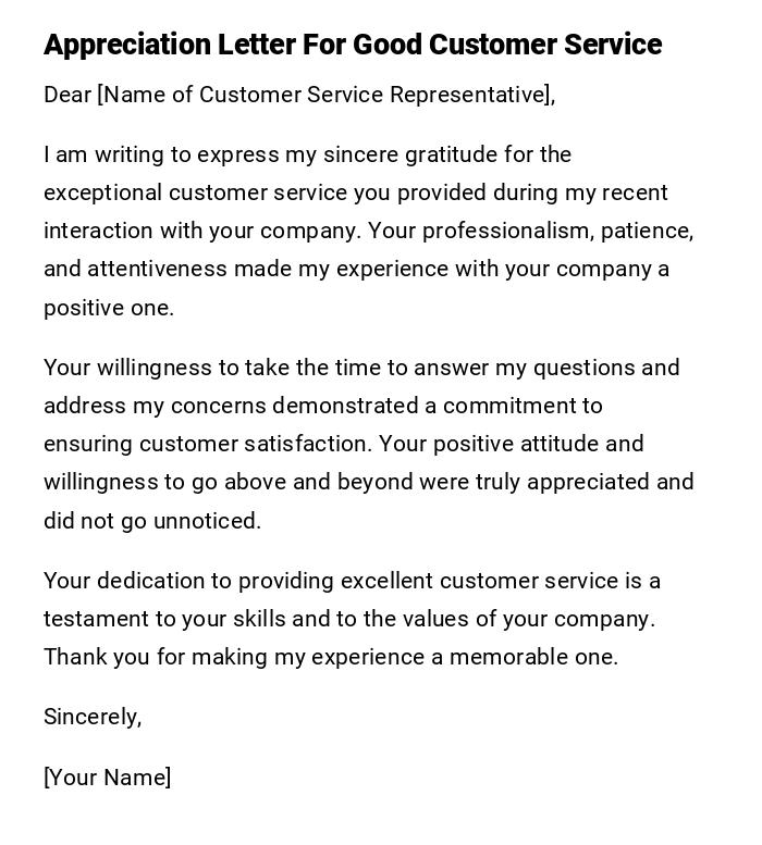 Appreciation Letter For Good Customer Service