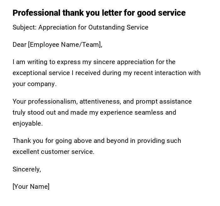 Professional thank you letter for good service Professional thank you letter for good service