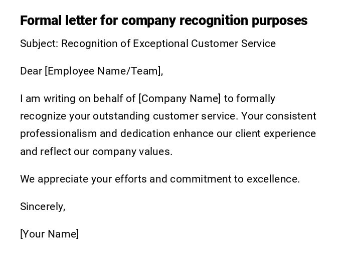 Formal letter for company recognition purposes Formal letter for company recognition purposes