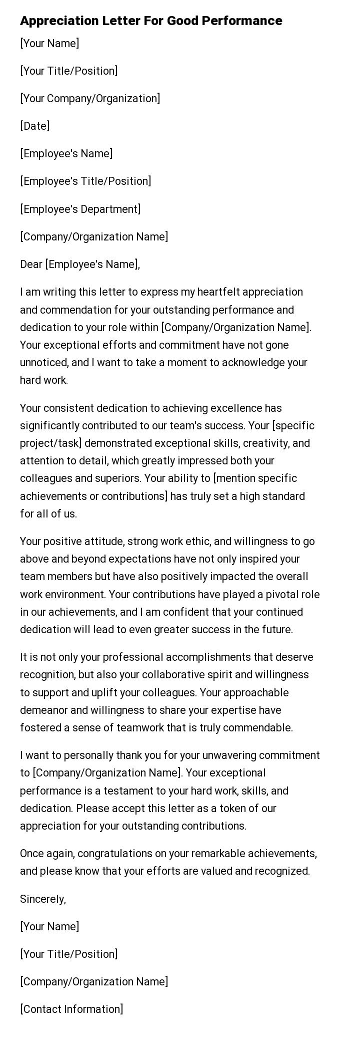 Appreciation Letter For Good Performance