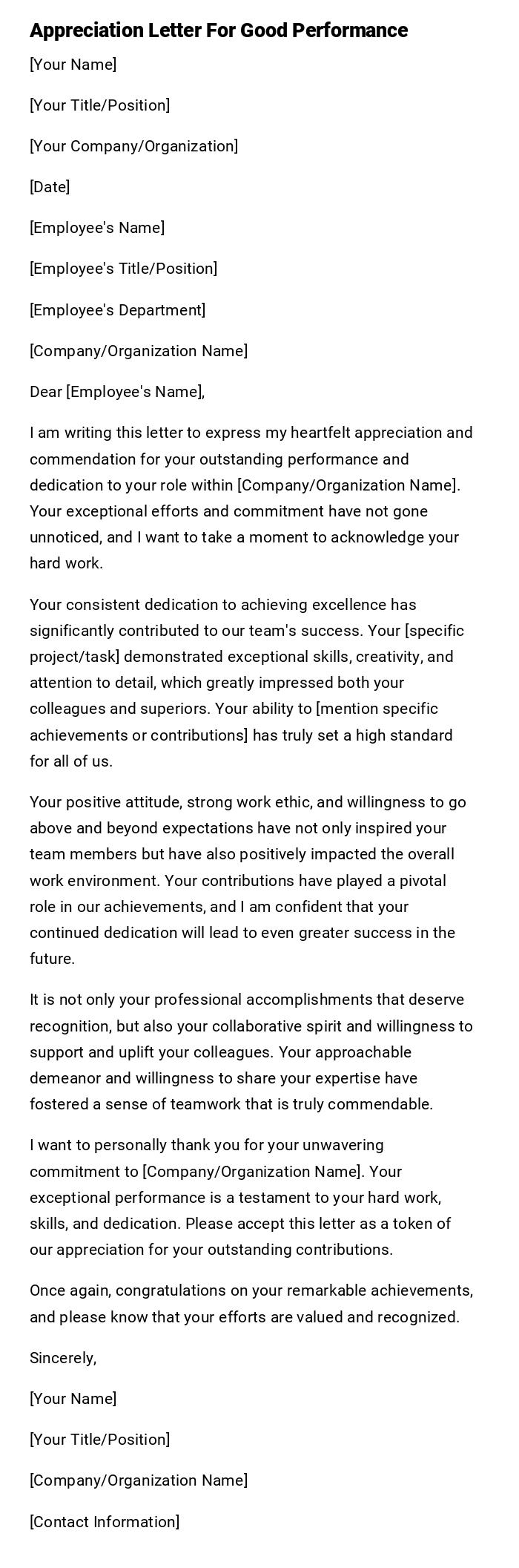 Appreciation Letter For Good Performance