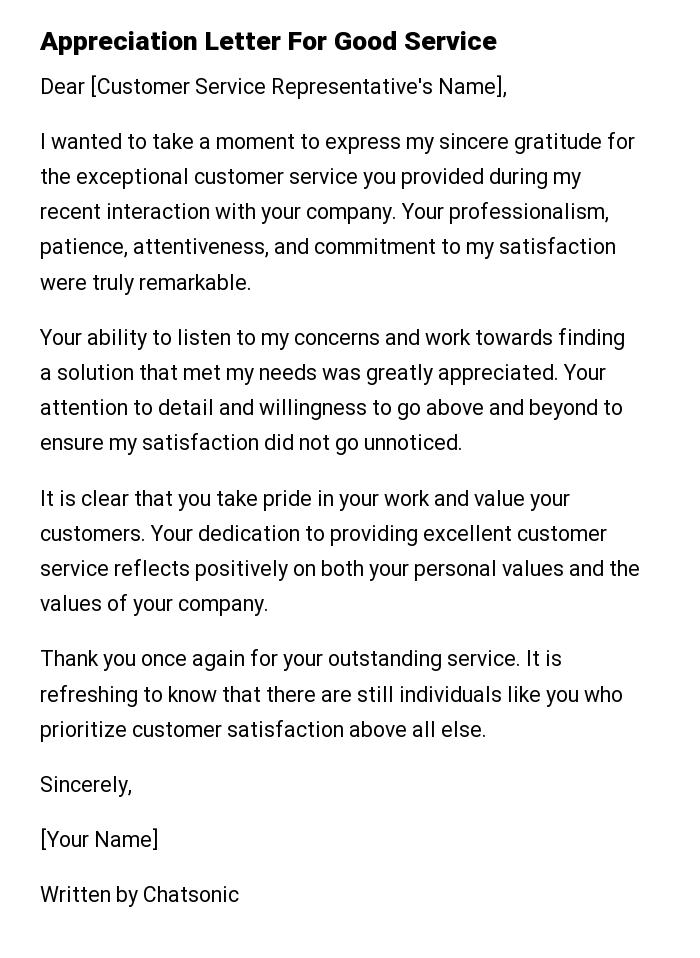 Appreciation Letter For Good Service