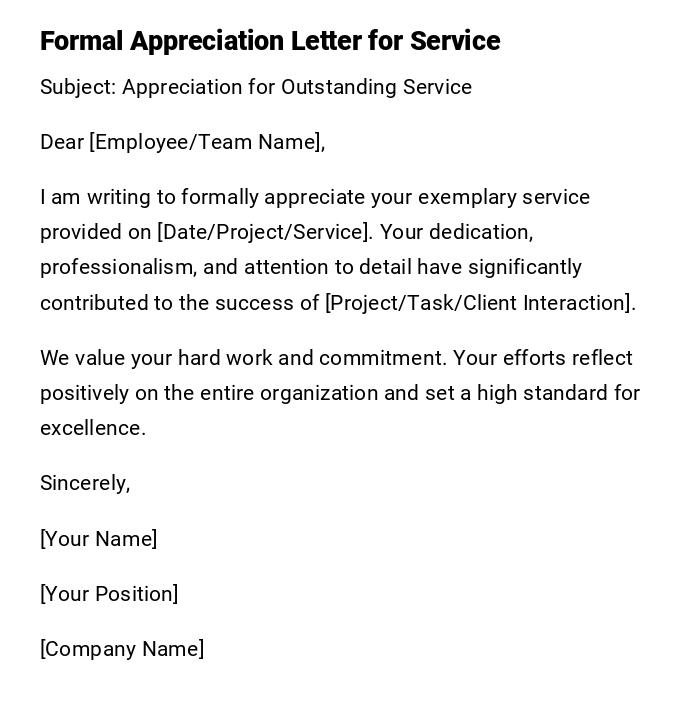 Formal Appreciation Letter for Service Formal Appreciation Letter for Service