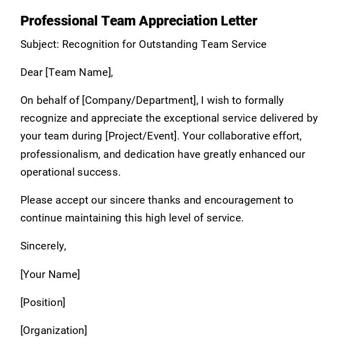 Professional Team Appreciation Letter Professional Team Appreciation Letter