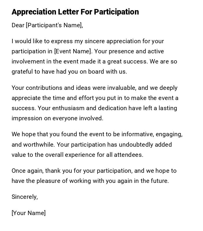 Appreciation Letter For Participation Appreciation Letter For Participation