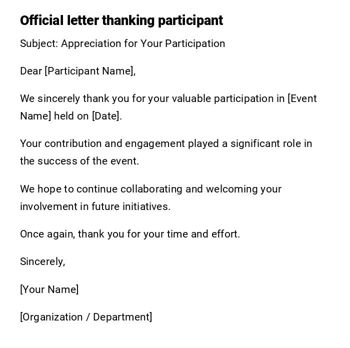 Official letter thanking participant Official letter thanking participant