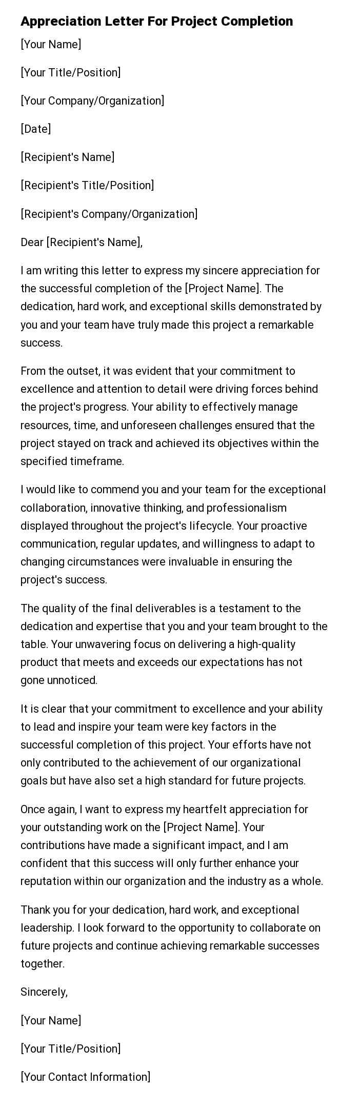 Appreciation Letter For Project Completion