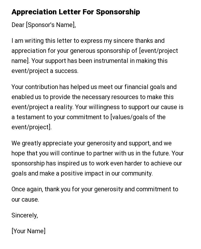 Appreciation Letter For Sponsorship