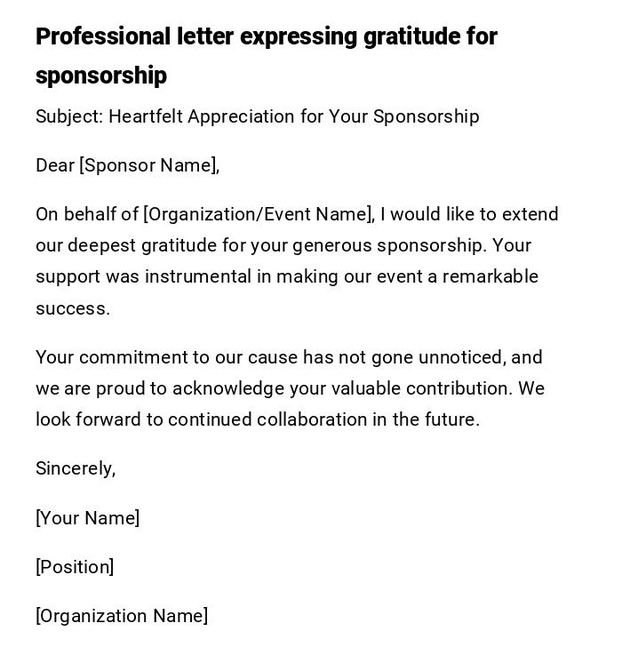 Professional letter expressing gratitude for sponsorship Professional letter expressing gratitude for sponsorship
