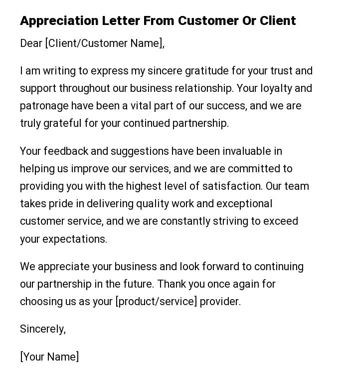 Appreciation Letter From Customer Or Client