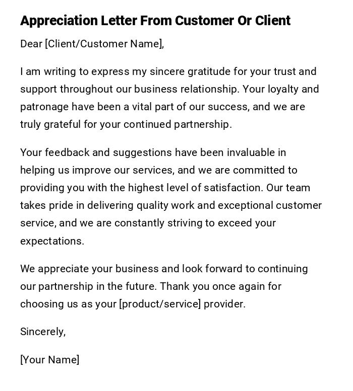 Appreciation Letter From Customer Or Client