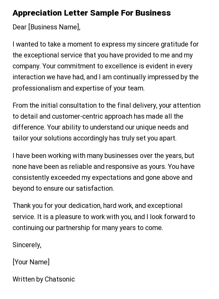 Appreciation Letter Sample For Business