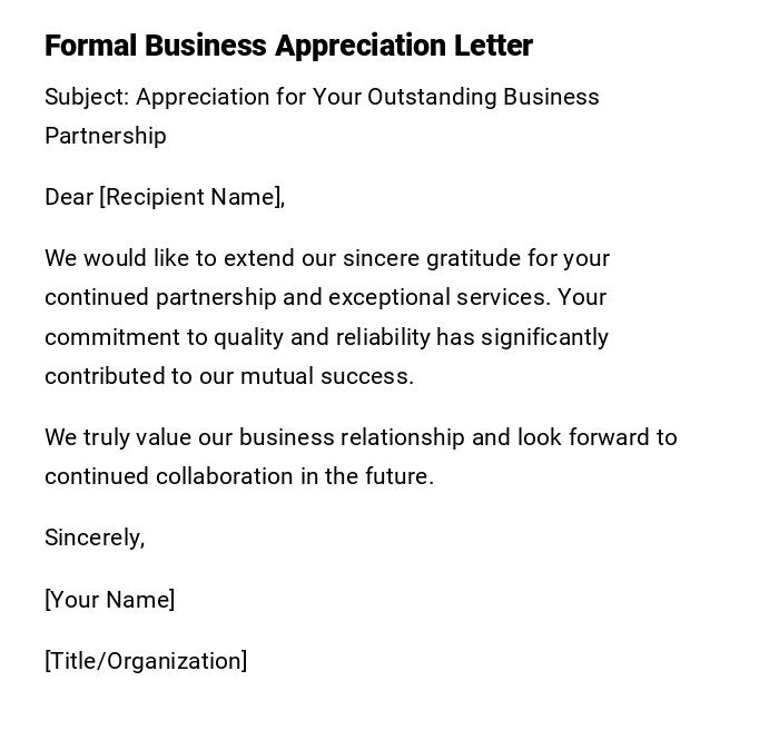 Formal Business Appreciation Letter Formal Business Appreciation Letter