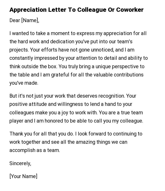 Appreciation Letter To Colleague Or Coworker