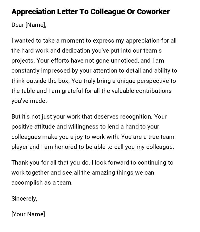 Appreciation Letter To Colleague Or Coworker