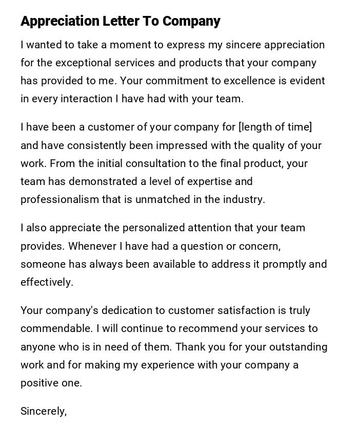 Appreciation Letter To Company Appreciation Letter To Company
