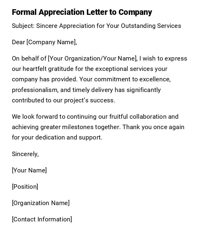 Formal Appreciation Letter to Company Formal Appreciation Letter to Company
