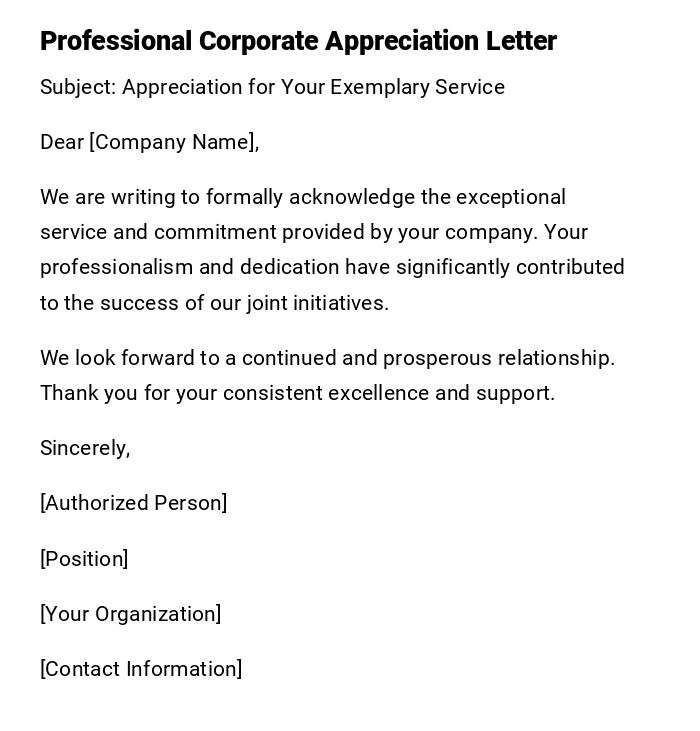 Professional Corporate Appreciation Letter Professional Corporate Appreciation Letter