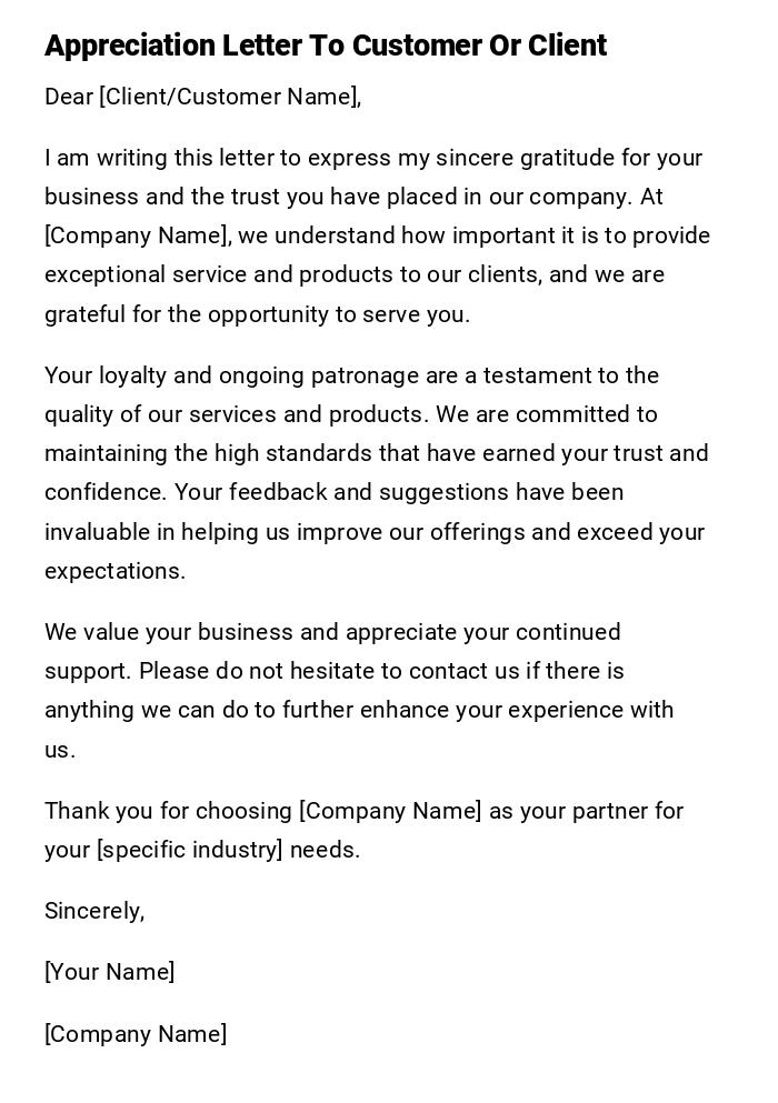 Appreciation Letter To Customer Or Client Appreciation Letter To Customer Or Client
