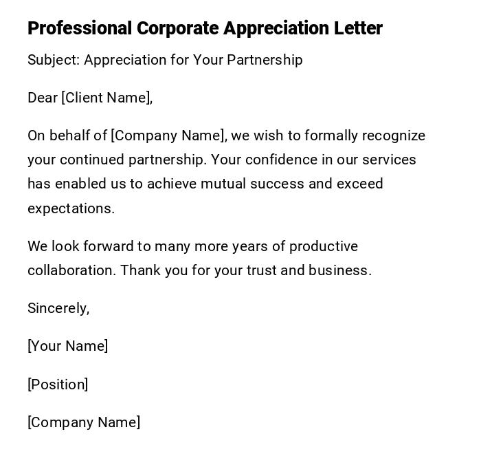 Professional Corporate Appreciation Letter Professional Corporate Appreciation Letter