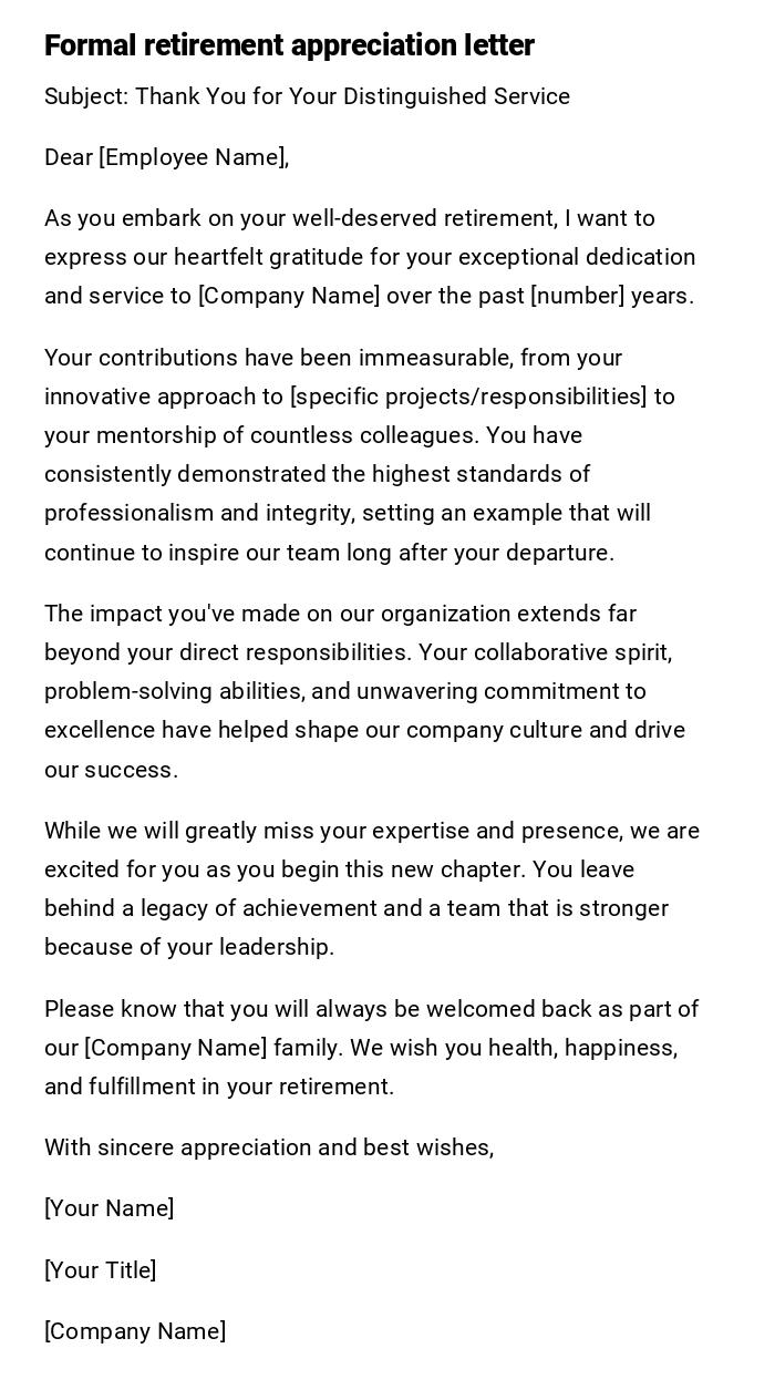 Formal retirement appreciation letter Formal retirement appreciation letter