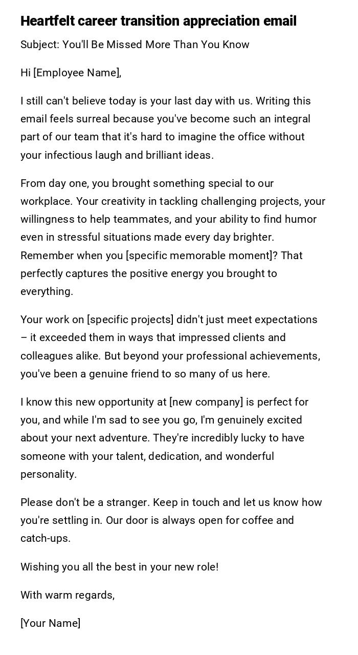Heartfelt career transition appreciation email Heartfelt career transition appreciation email