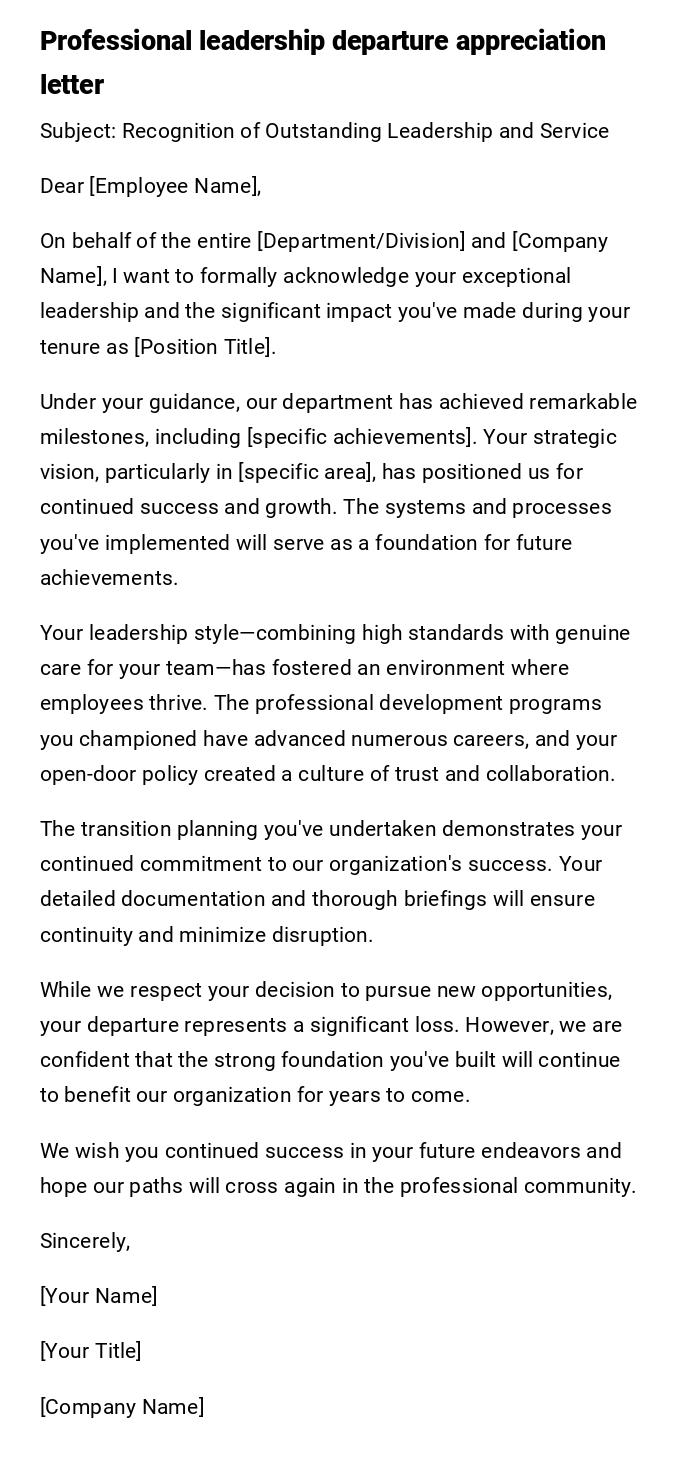 Professional leadership departure appreciation letter Professional leadership departure appreciation letter