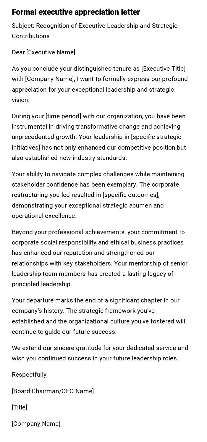 Formal executive appreciation letter Formal executive appreciation letter