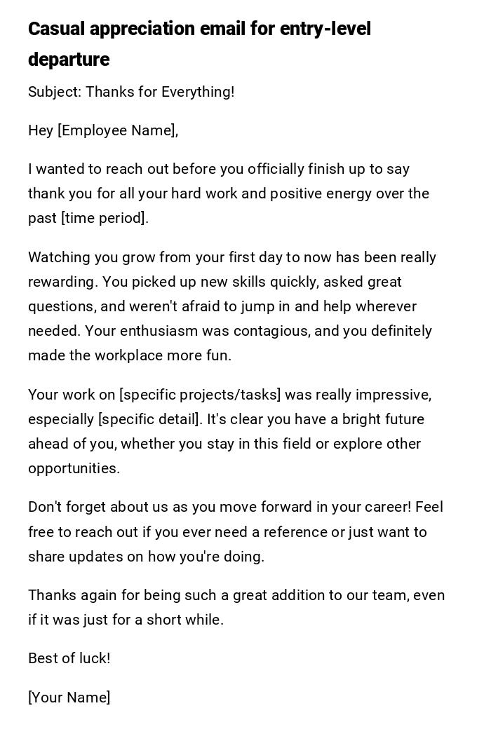 Casual appreciation email for entry-level departure Casual appreciation email for entry-level departure
