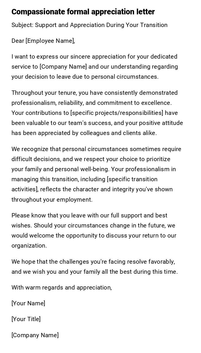 Compassionate formal appreciation letter Compassionate formal appreciation letter