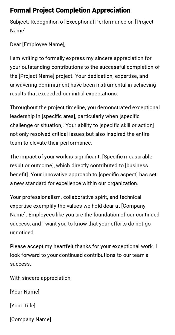 Formal Project Completion Appreciation Formal Project Completion Appreciation