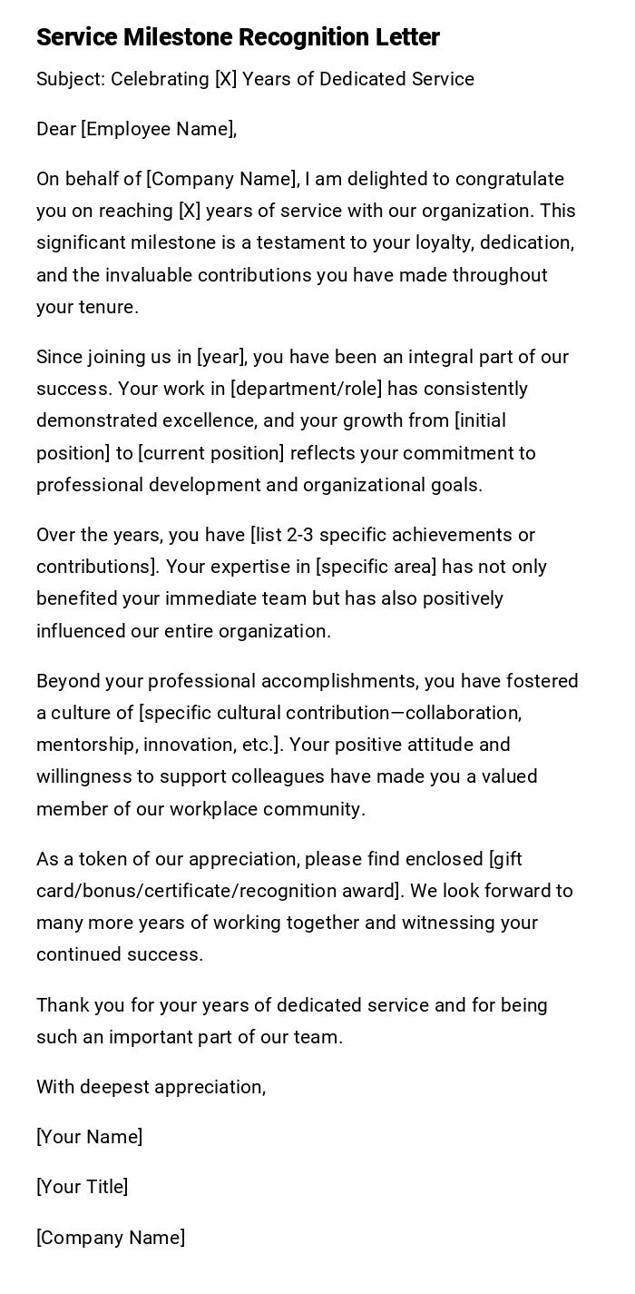 Service Milestone Recognition Letter Service Milestone Recognition Letter