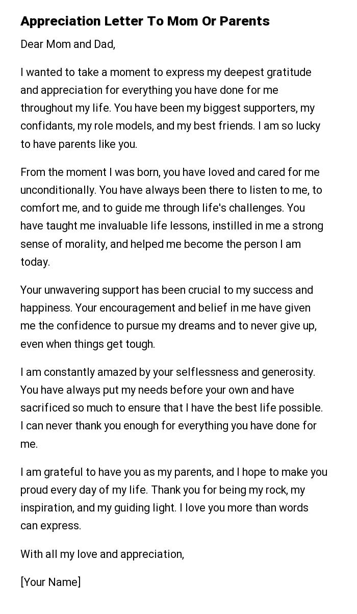 Appreciation Letter To Mom Or Parents
