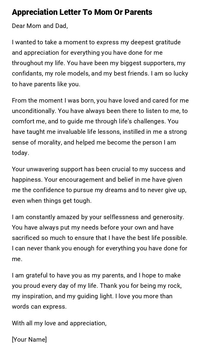 Appreciation Letter To Mom Or Parents