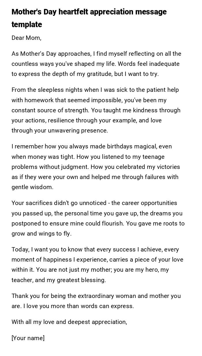 Mother's Day heartfelt appreciation message template Mother's Day heartfelt appreciation message template