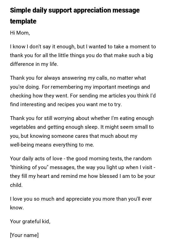 Simple daily support appreciation message template Simple daily support appreciation message template