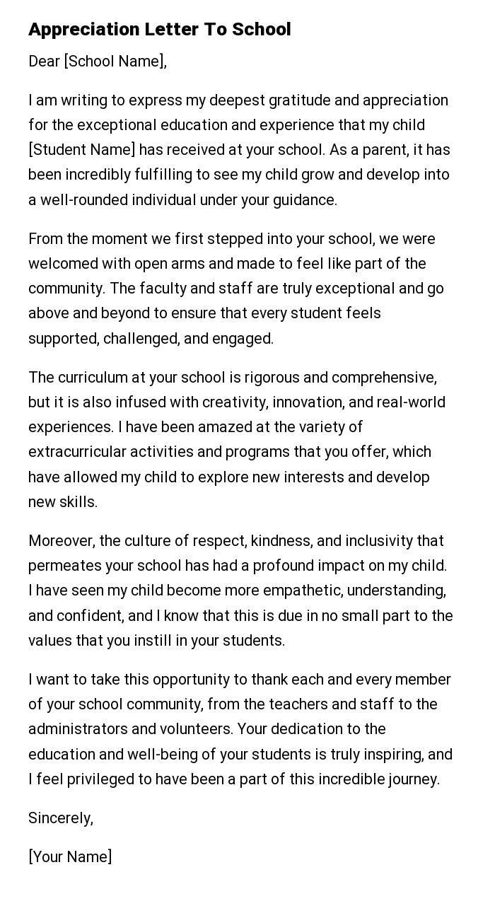Appreciation Letter To School