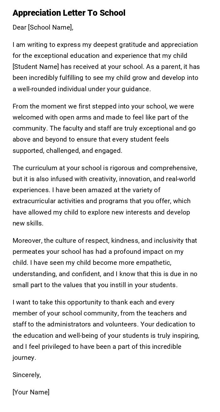 Appreciation Letter To School Appreciation Letter To School