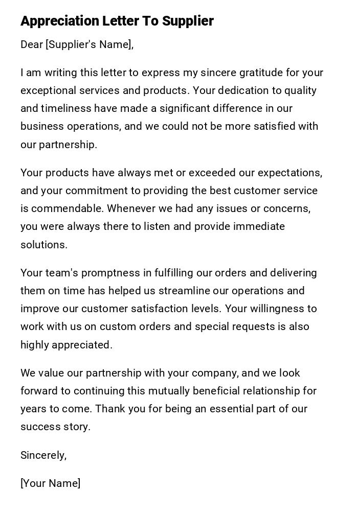Appreciation Letter To Supplier Appreciation Letter To Supplier