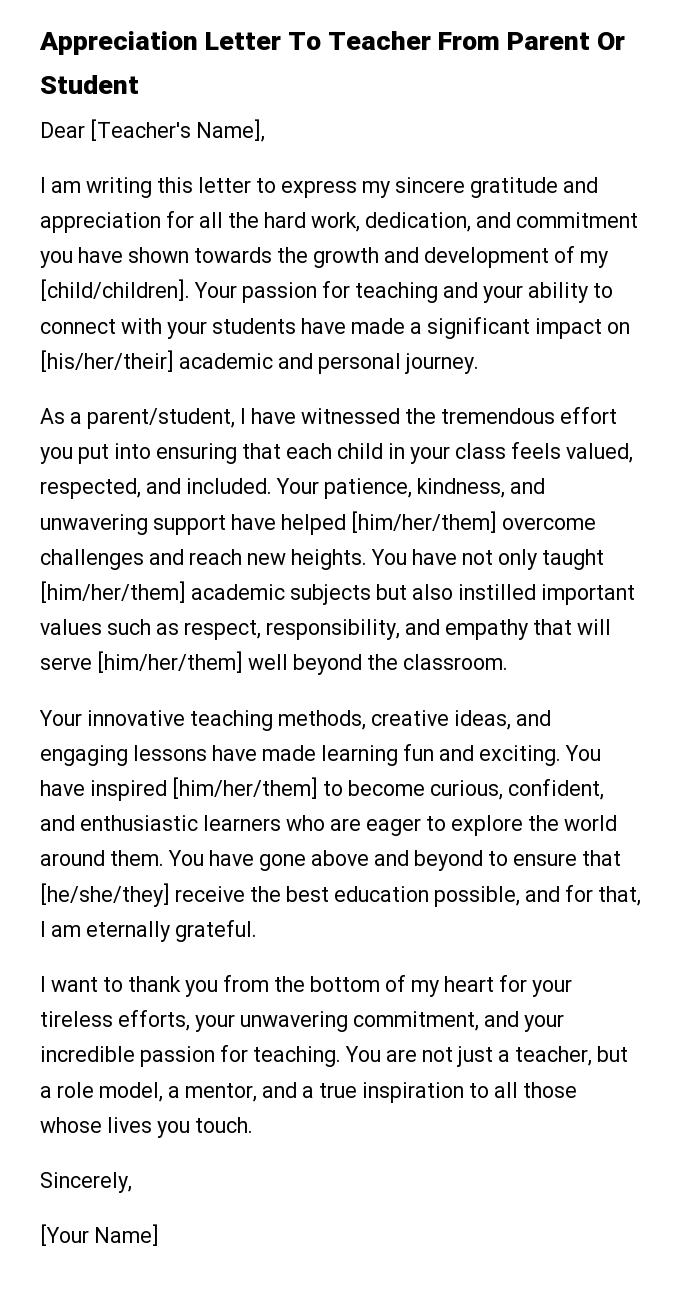 Appreciation Letter To Teacher From Parent Or Student
