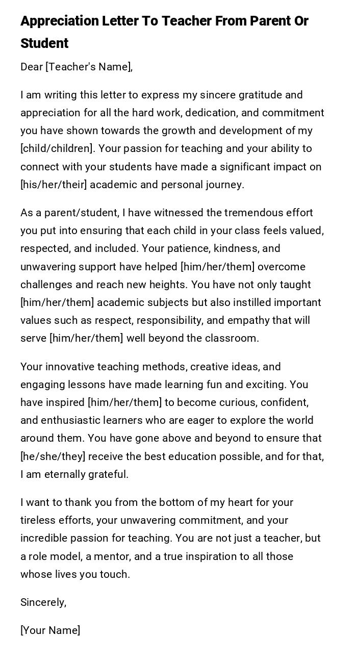 Appreciation Letter To Teacher From Parent Or Student