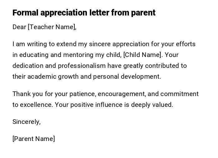 Formal appreciation letter from parent Formal appreciation letter from parent