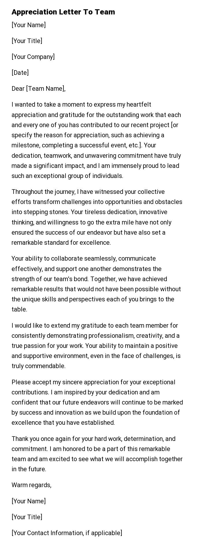 Appreciation Letter To Team