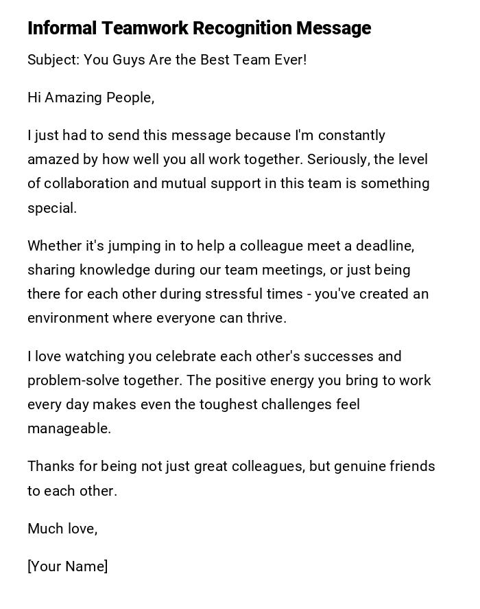 Informal Teamwork Recognition Message Informal Teamwork Recognition Message