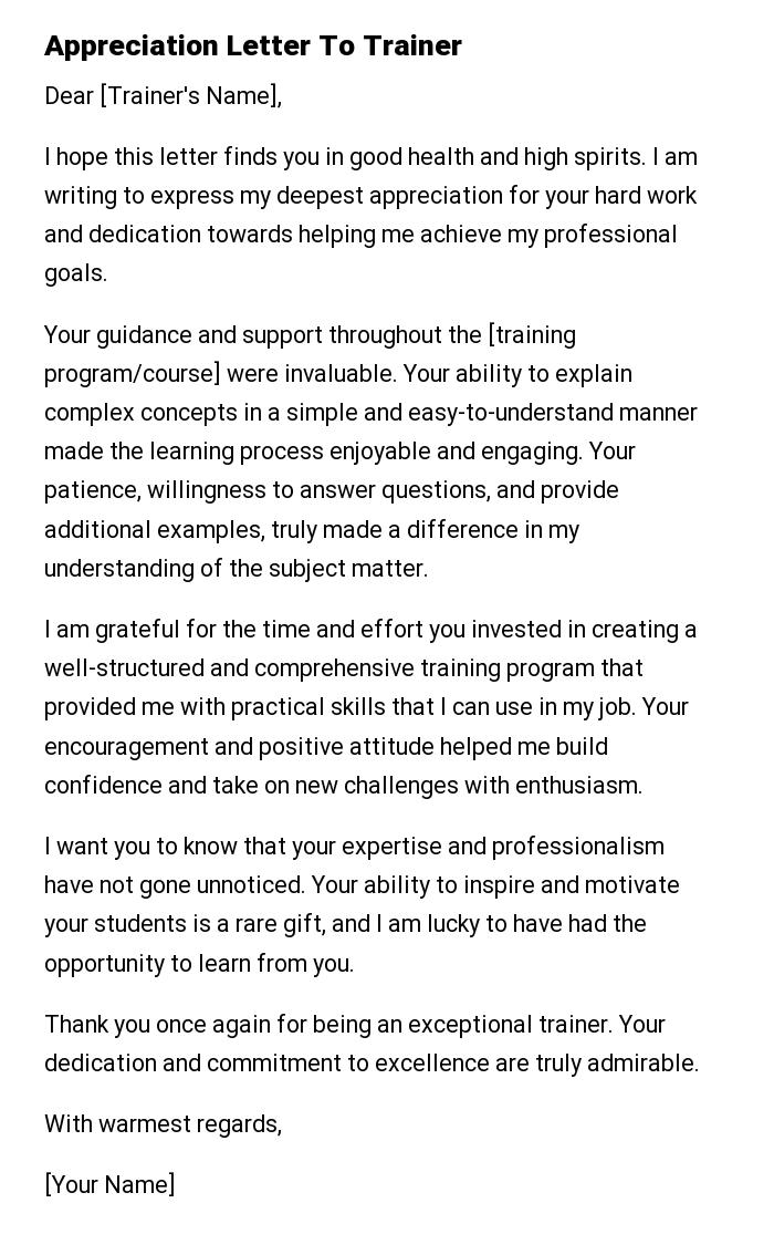 Appreciation Letter To Trainer