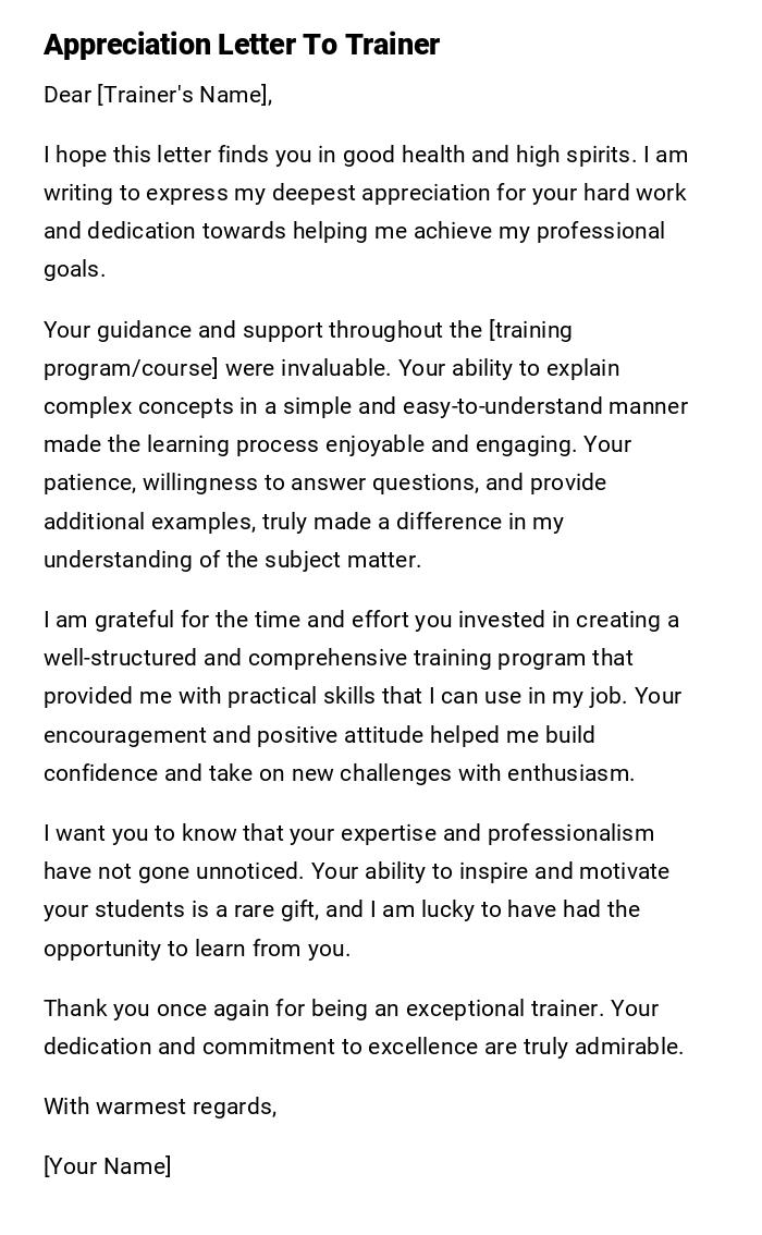 Appreciation Letter To Trainer