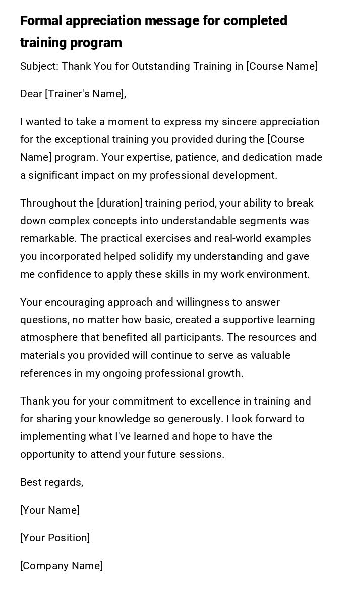 Formal appreciation message for completed training program Formal appreciation message for completed training program